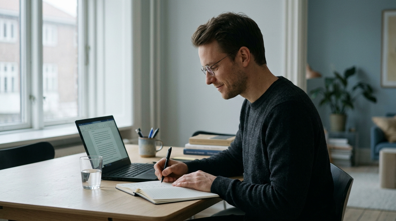 man working focused at desk mid-afternoon calm concentration