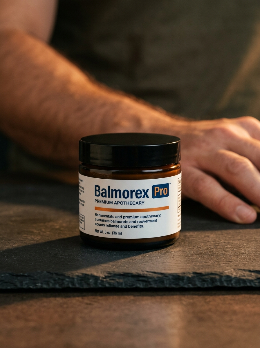 Balmorex Pro jar on slate surface with warm side light
