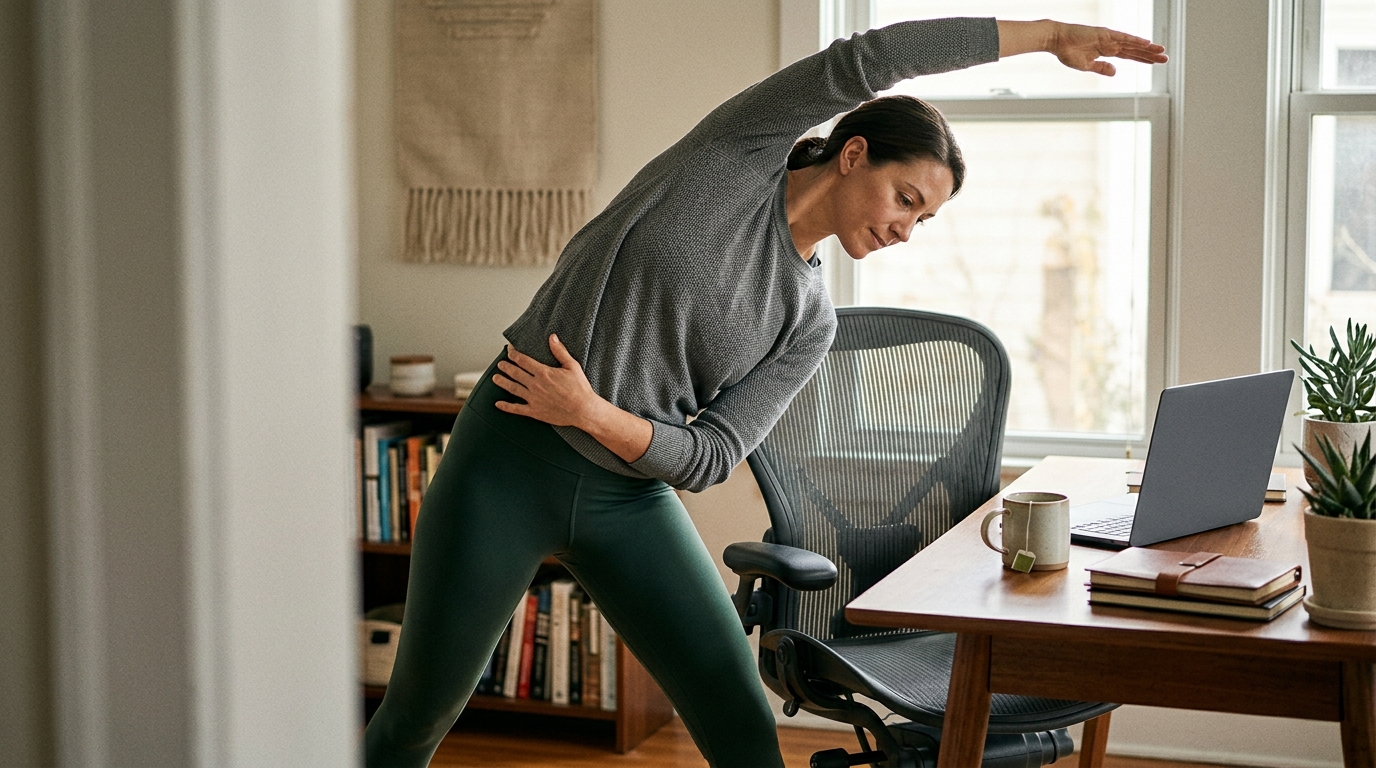 The Stiffness That Follows You Off the Clock editorial visual: desk reset