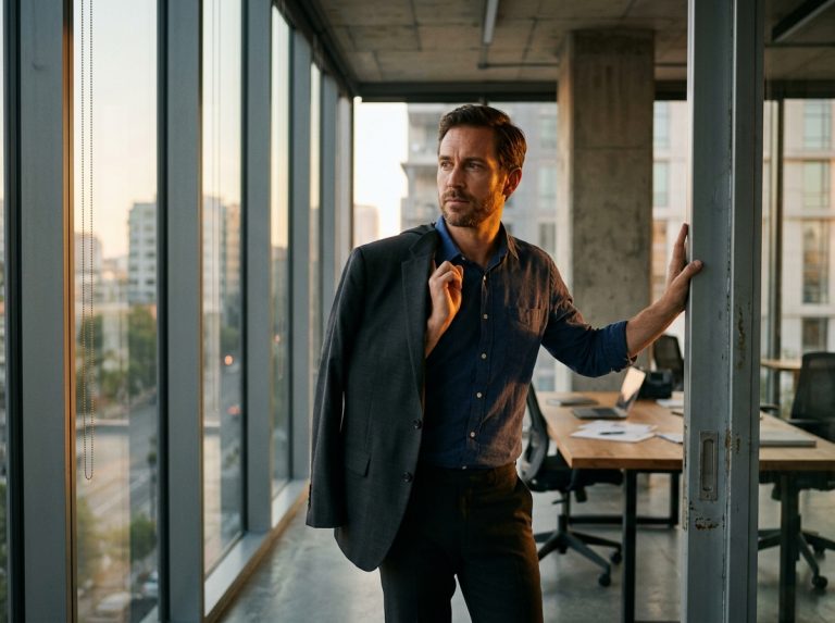man pausing at office doorway in golden afternoon light