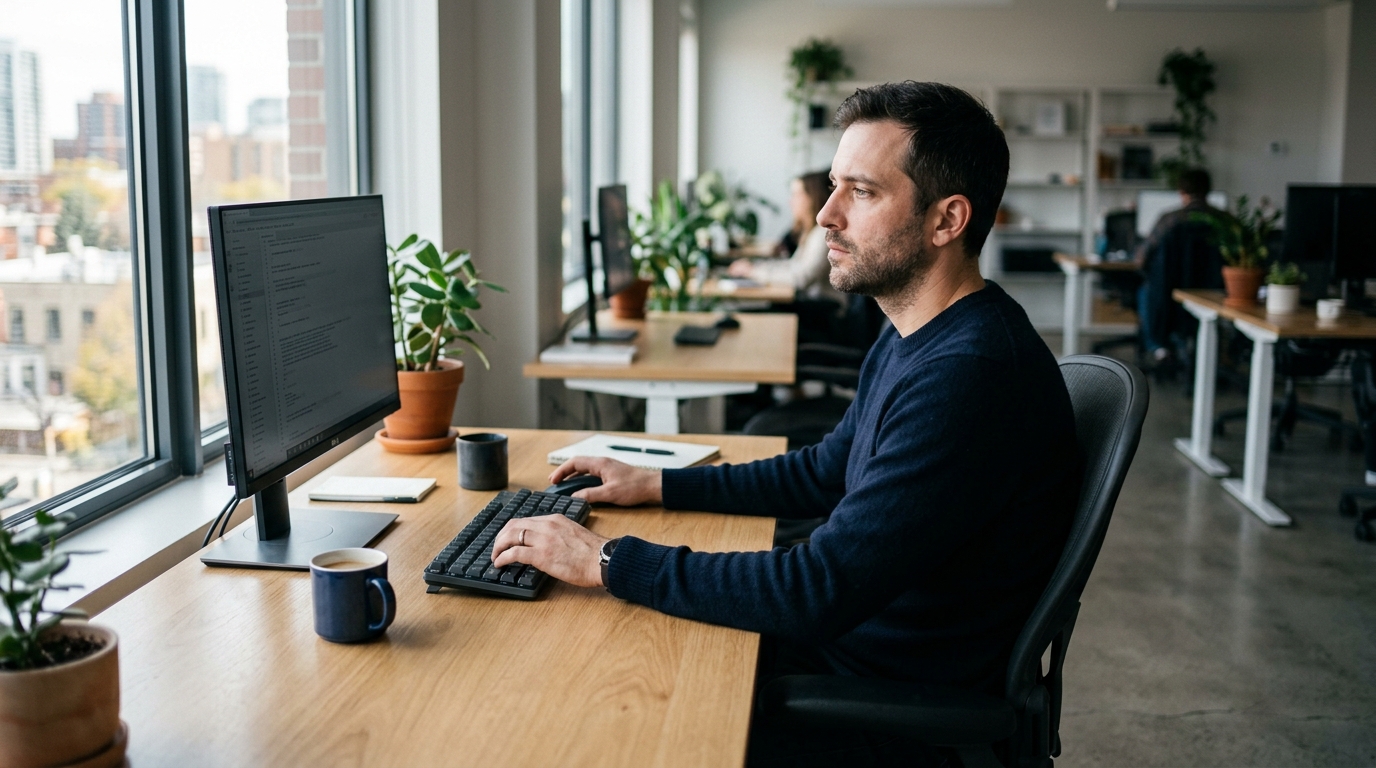 man at desk shoulders rounding forward midday office light