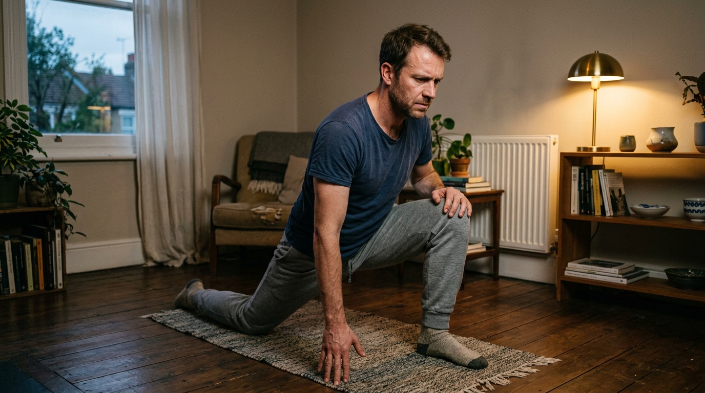 man in hip flexor stretch on hardwood floor evening light