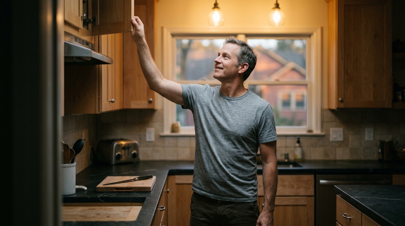 man reaching overhead in kitchen with ease and open posture