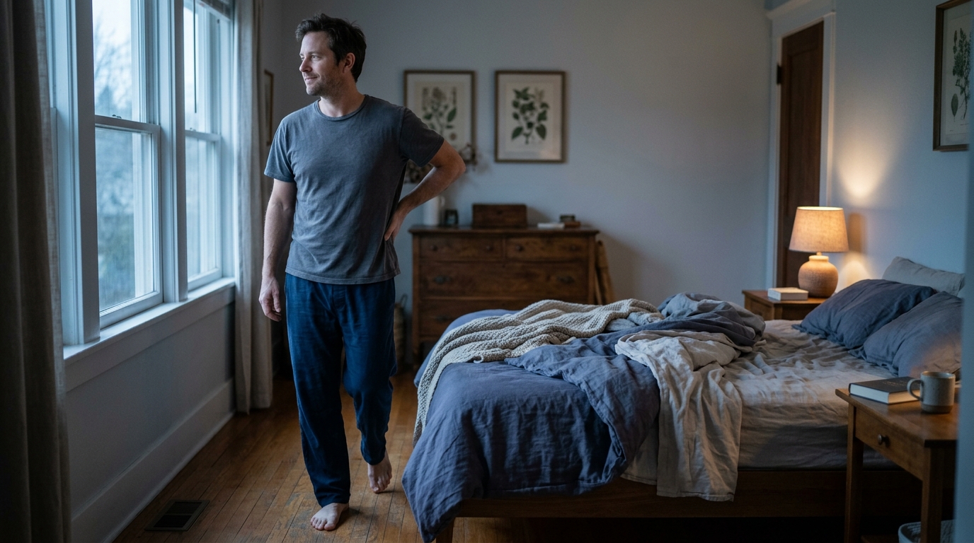 man standing at bedside in blue morning light first steps