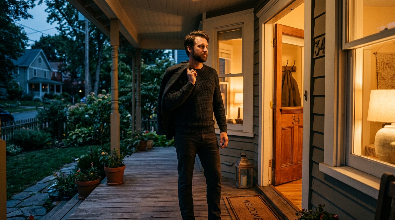 man standing at front door evening light calm upright posture