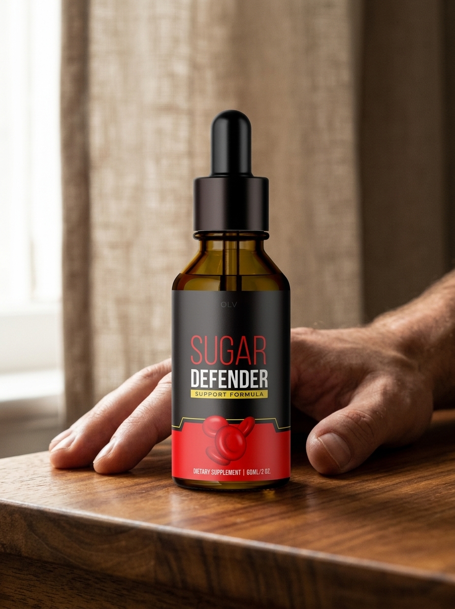 Sugar Defender bottle on warm wood surface steady focus