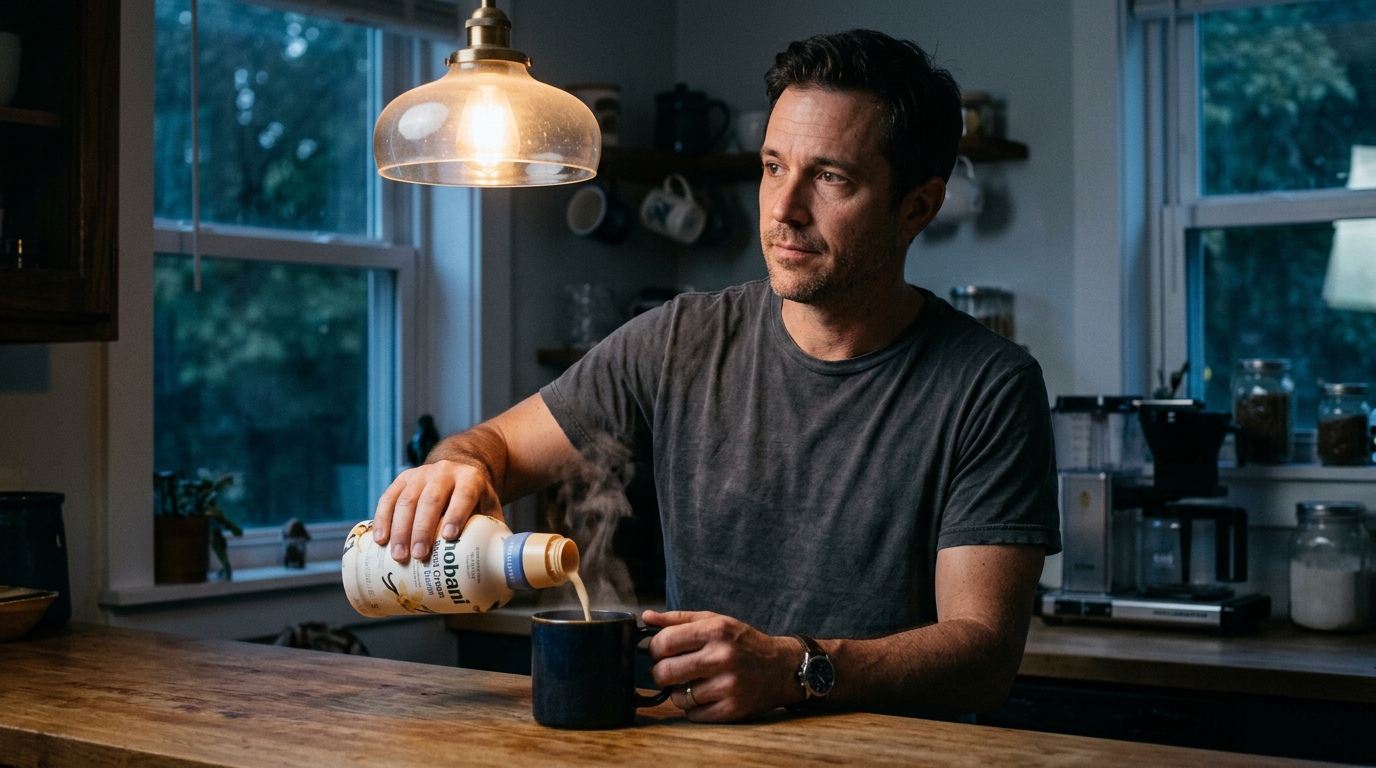 man pouring creamer into morning coffee kitchen dim light