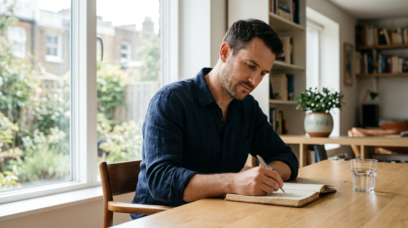 focused man writing in notebook midday clear window light