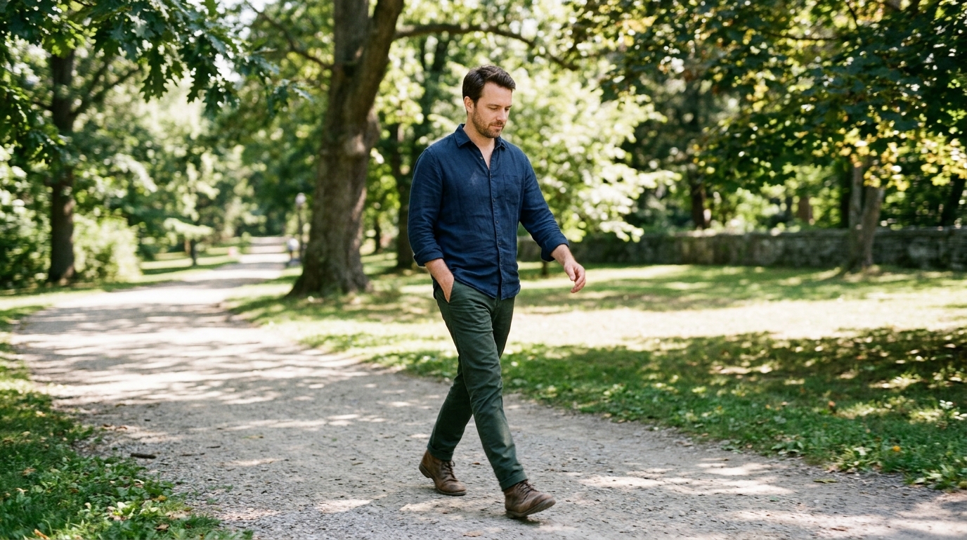 man walking tree lined path midday dappled light calm