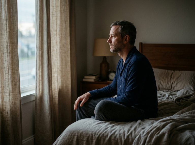 man sitting on bed edge in early morning light