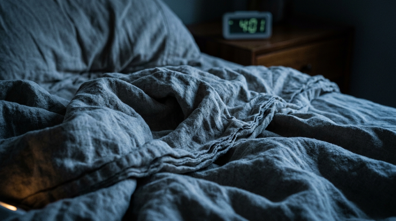 rumpled bedsheets in blue grey predawn light