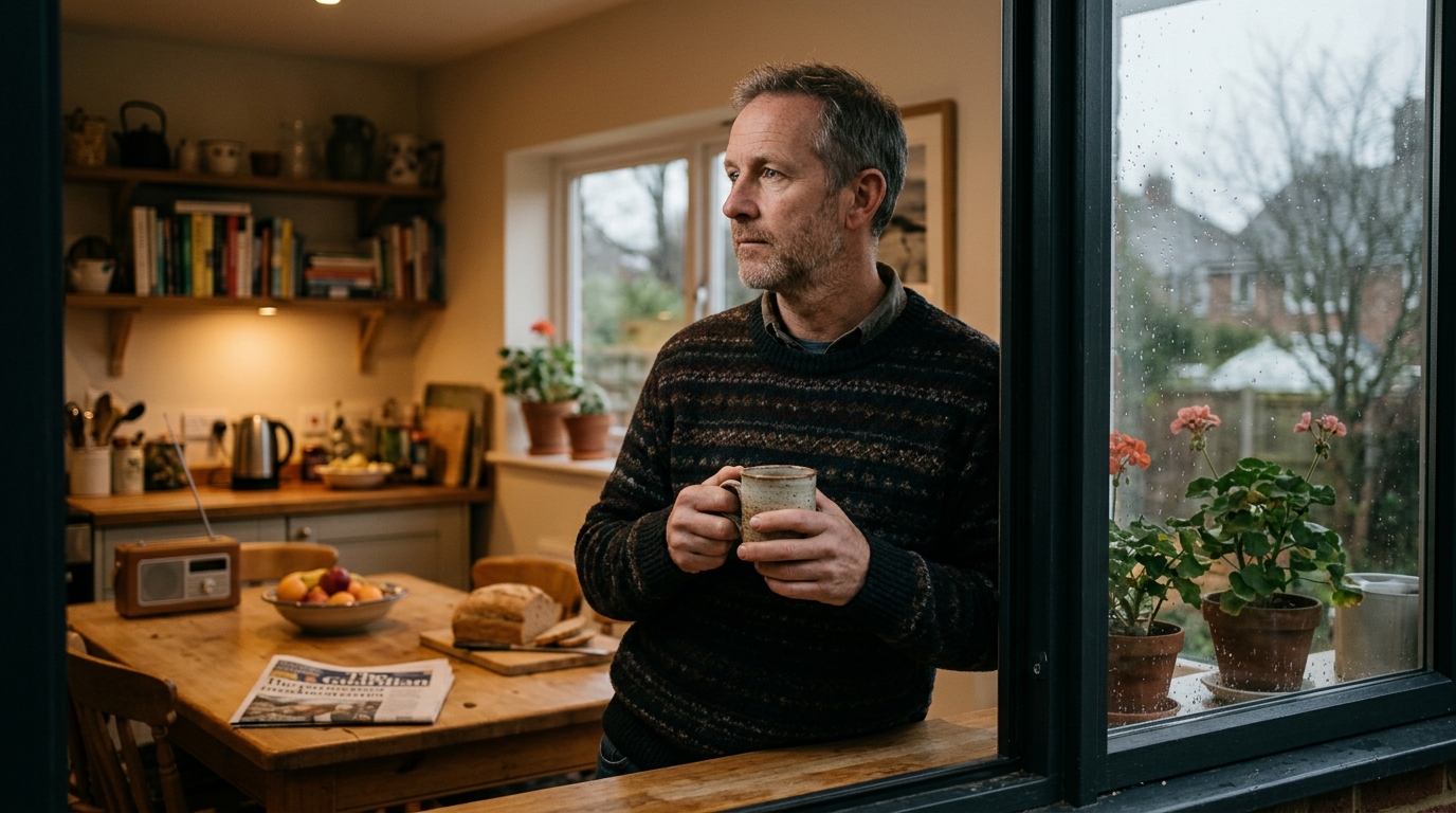 man at kitchen window holding coffee assessing morning