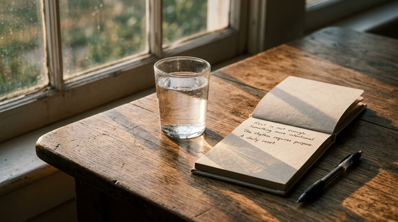 glass of water and notebook on wooden surface morning light