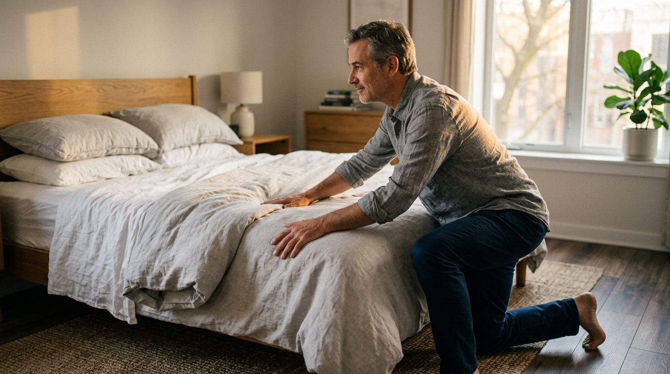 man making bed in warm morning window light