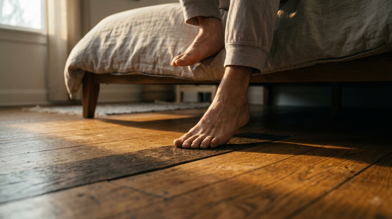 bare feet stepping onto wooden floor in morning light