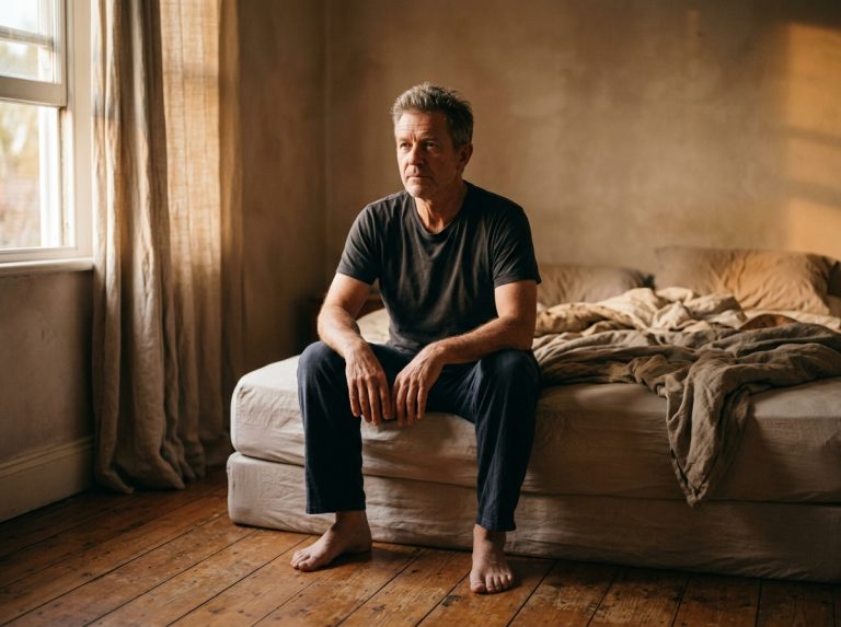man sitting at bed edge in morning light