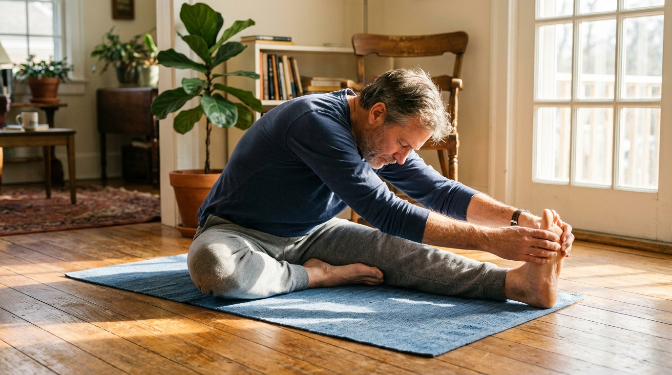 man stretching on floor in morning sunlight