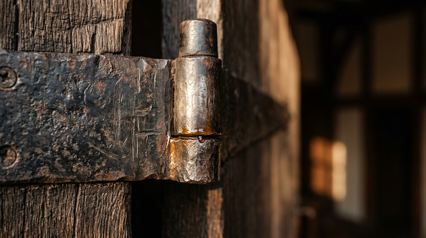 close up oiled door hinge worn oak warm light