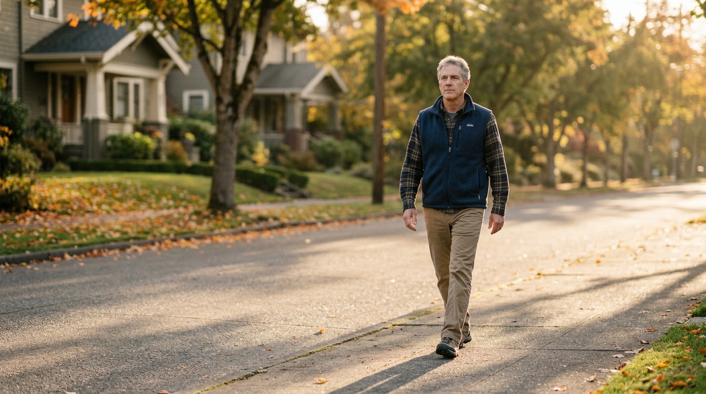 man walking residential street golden morning light