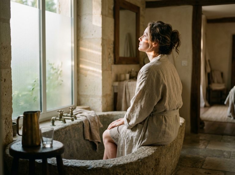 woman in linen robe quiet morning bathroom light