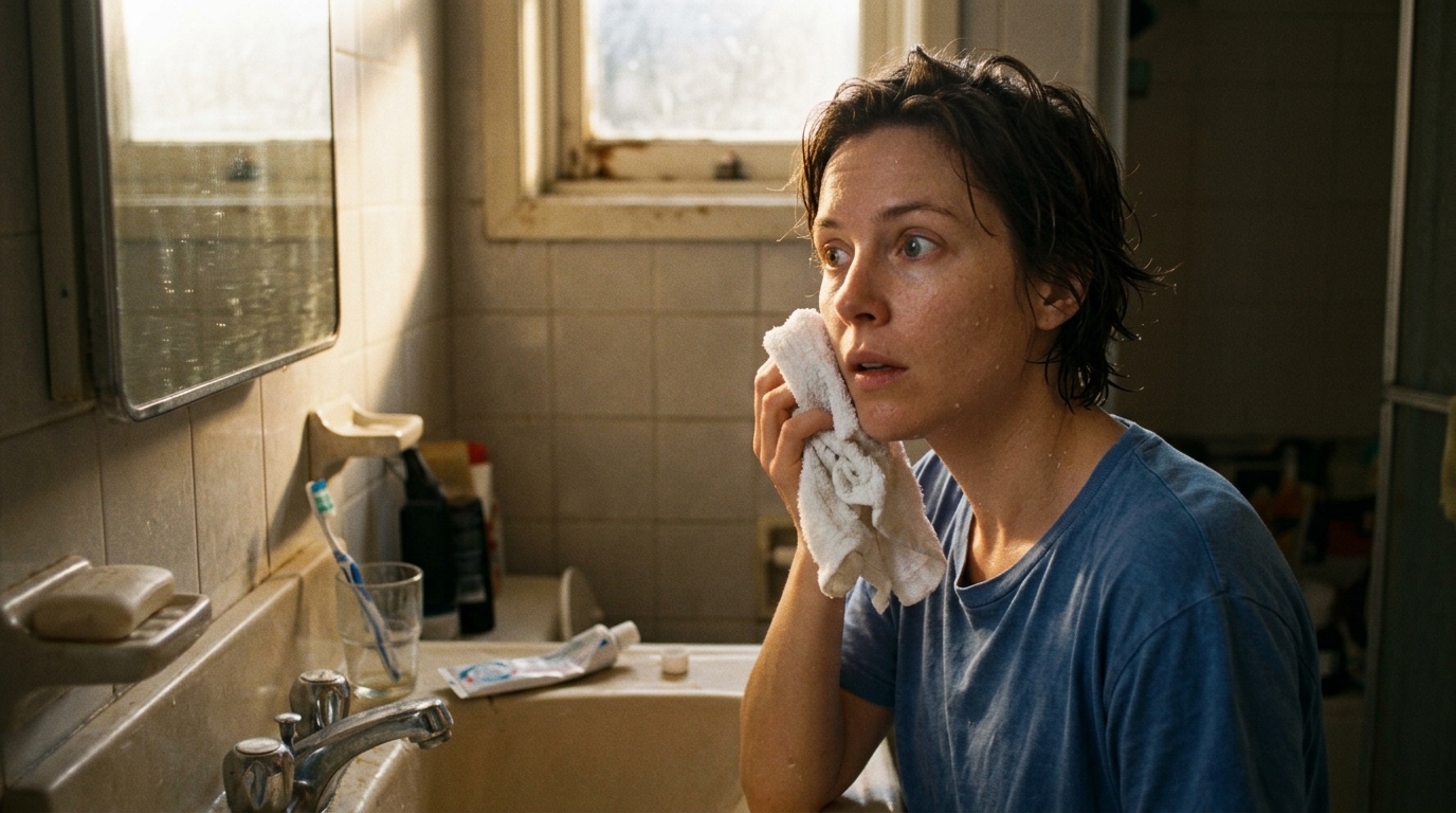 woman drying face bathroom towel morning honest moment