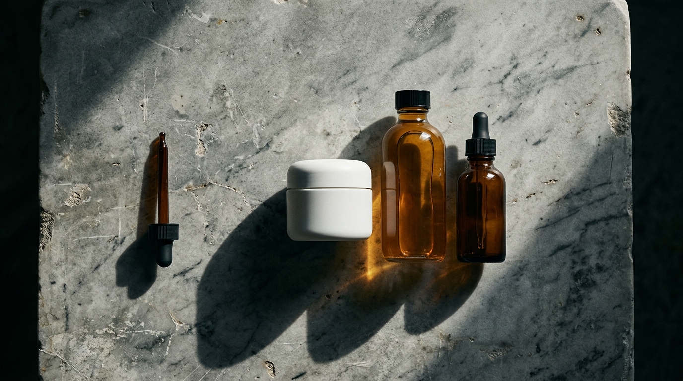 luxury skincare products stone surface editorial shadows limit