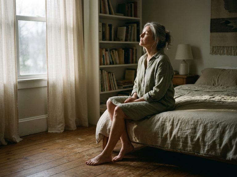 woman sitting on bed edge in morning stillness