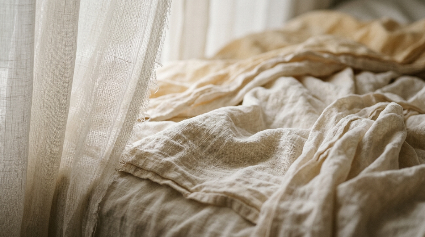rumpled morning bedsheets in soft window light
