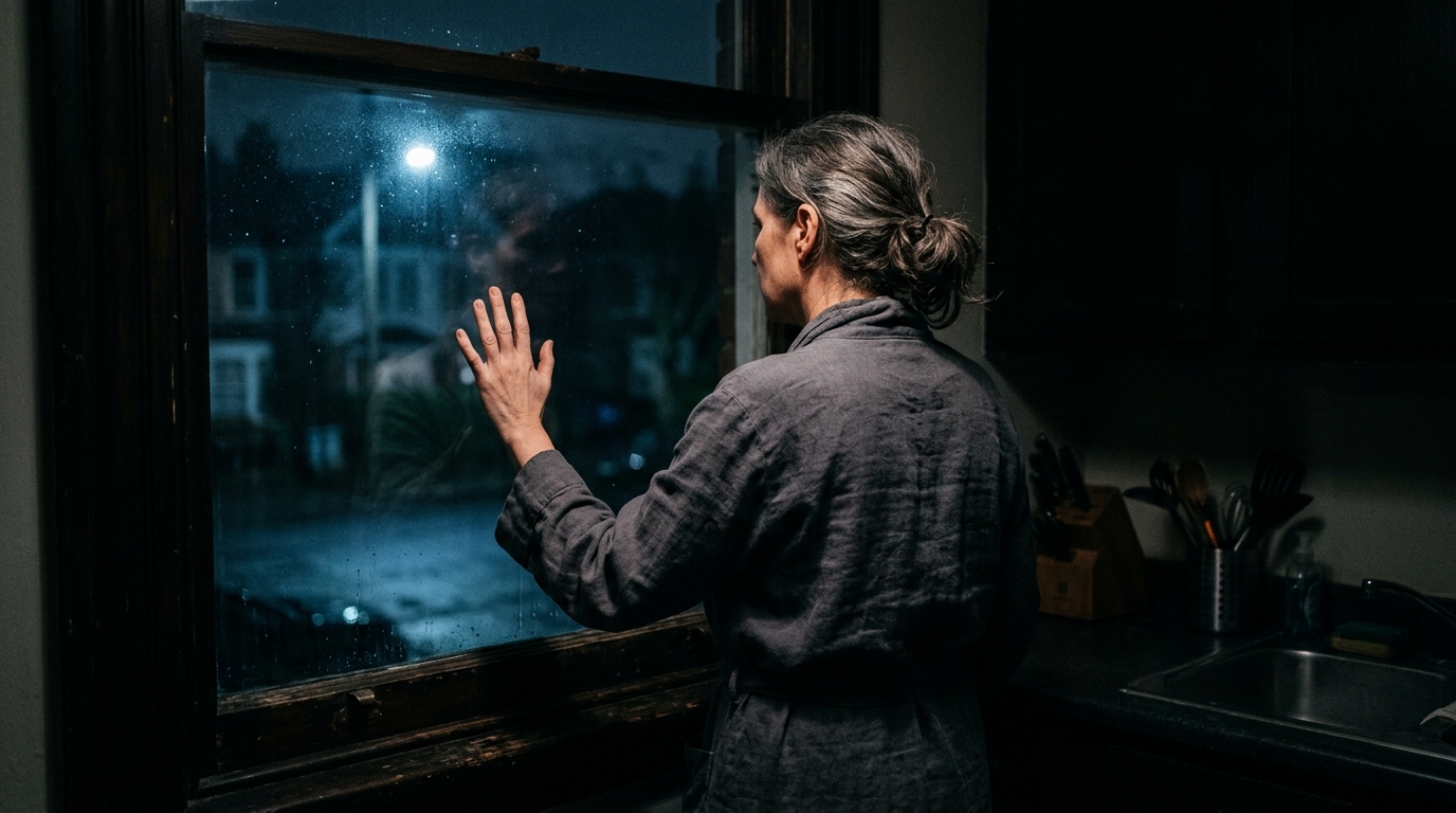 woman at dark window in sleepless early hours