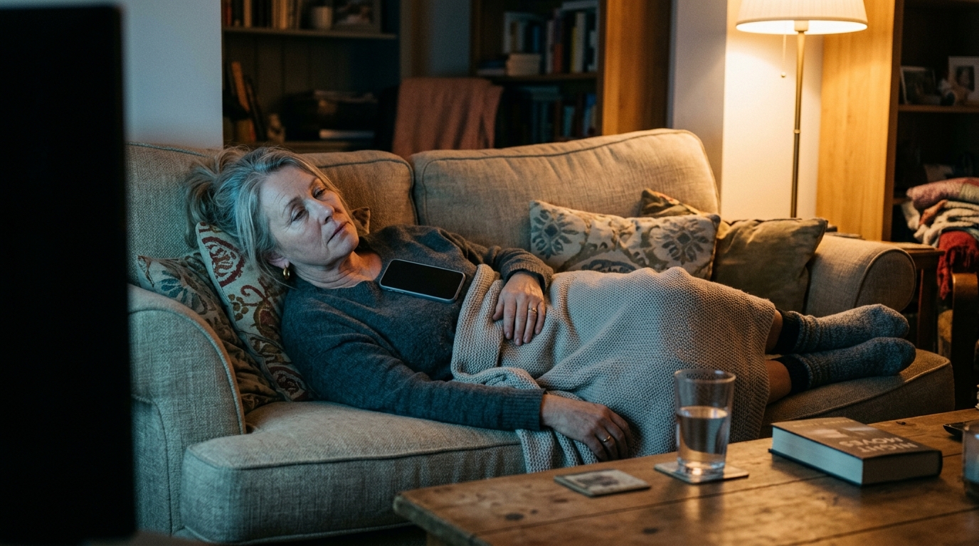 woman half asleep on couch in evening light