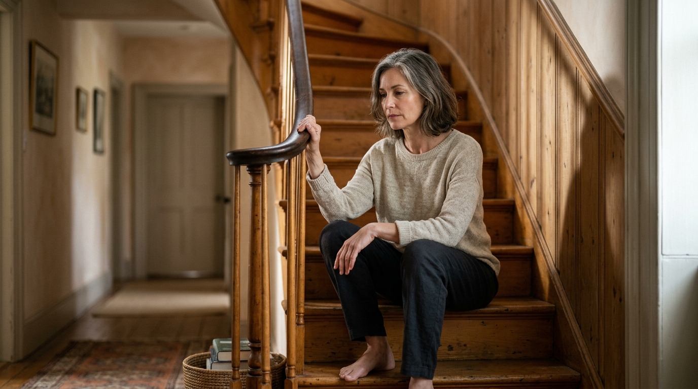 woman pausing on bottom stair in morning light