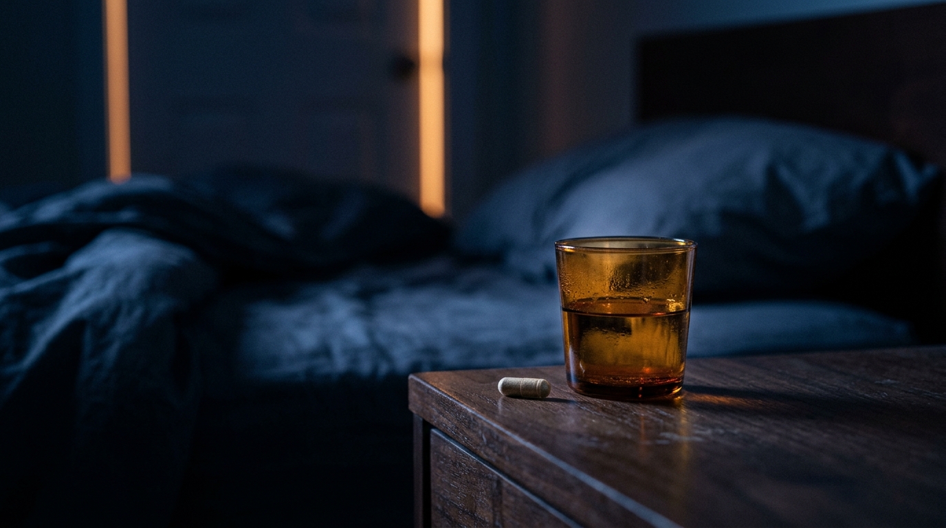 single capsule on nightstand in predawn dark