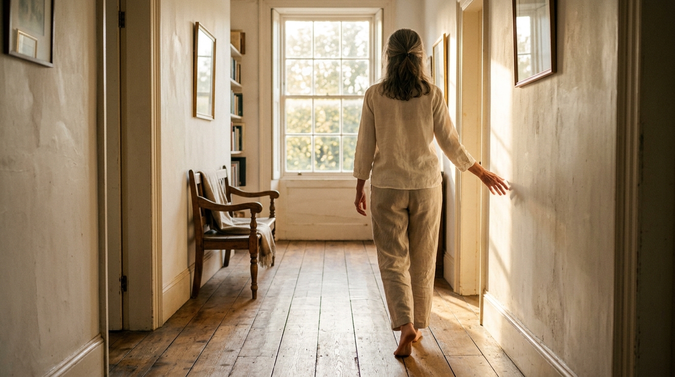 woman walking hallway in morning sunlight ease
