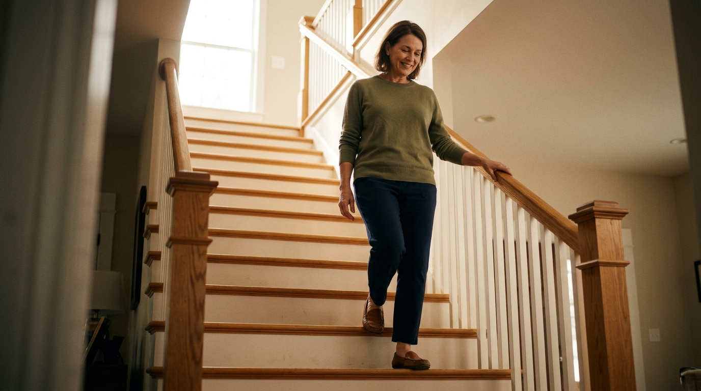 woman descending home stairs in morning light