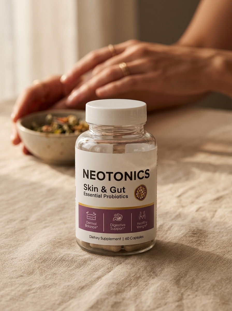 Neotonics supplement bottle on linen surface warm light