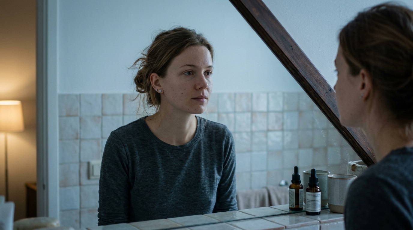 woman examining bare face in bathroom mirror at dawn
