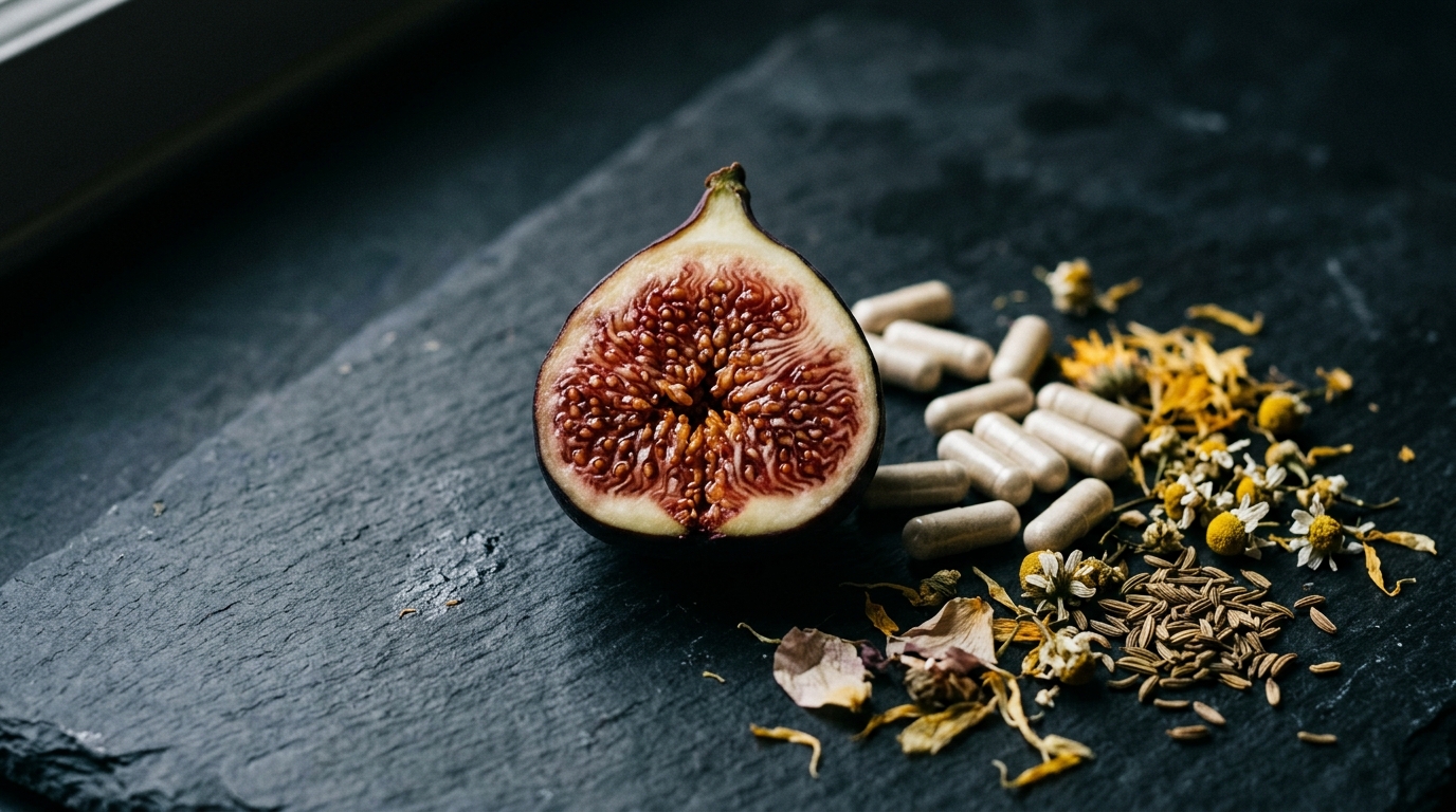 macro fig cross-section capsules and dried botanicals on slate