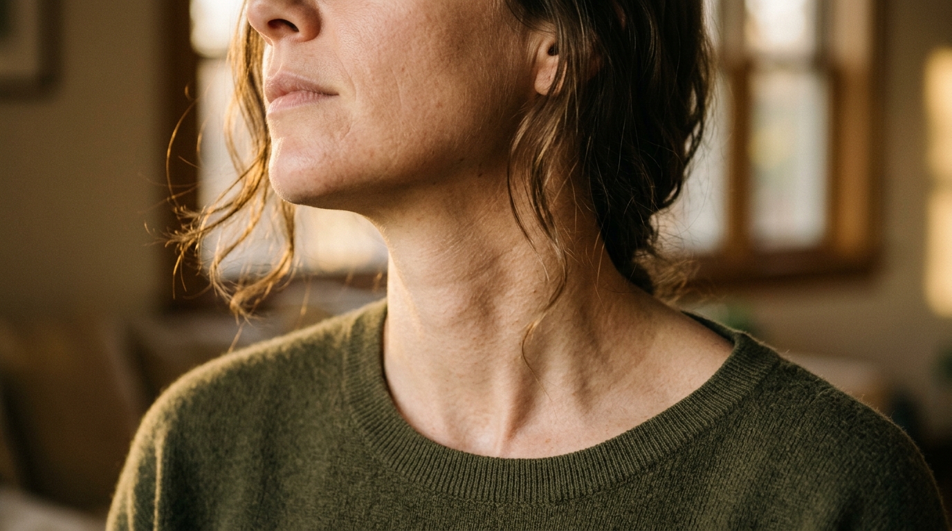 close detail of womans jaw and neck skin in afternoon light