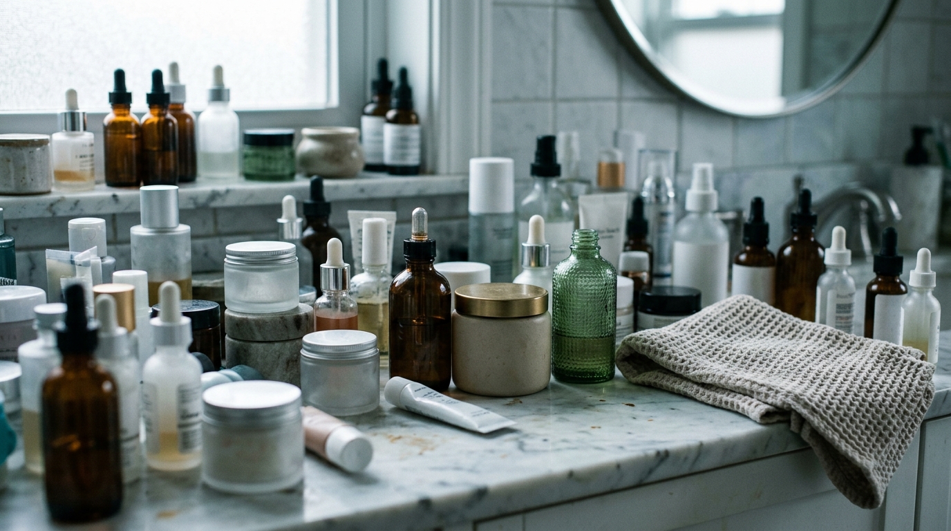 bathroom shelf lined with numerous skincare products overcast light