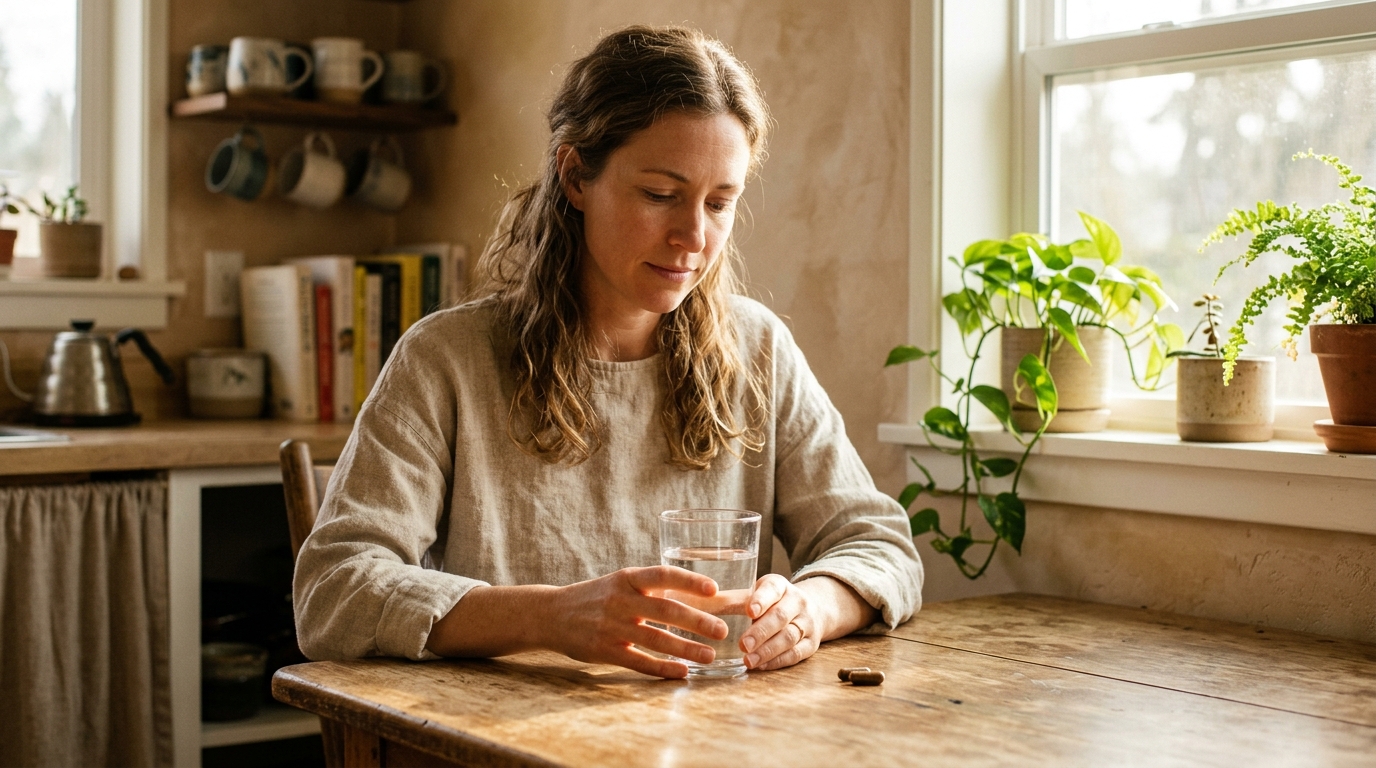 woman at morning kitchen table holding glass of water peacefully