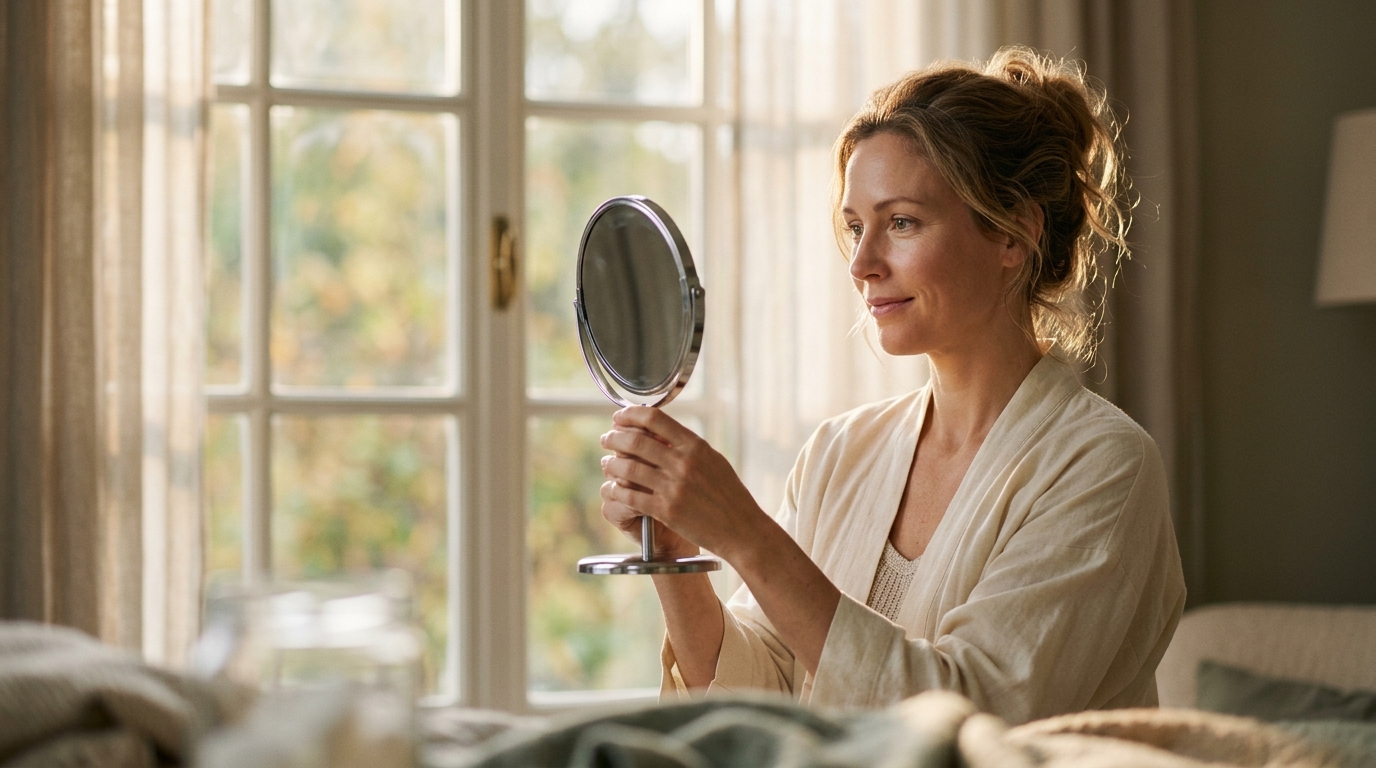 woman holding hand mirror in warm morning light looking pleased