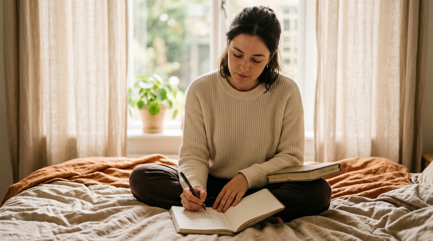 woman writing in journal on bed in warm morning light