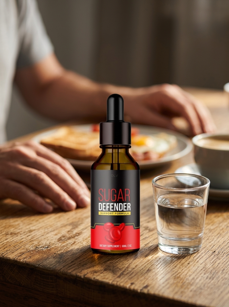 Sugar Defender bottle on oak surface beside morning breakfast