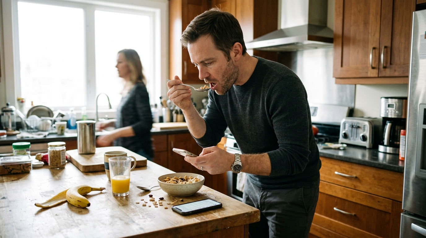 man eating quick breakfast standing at kitchen counter