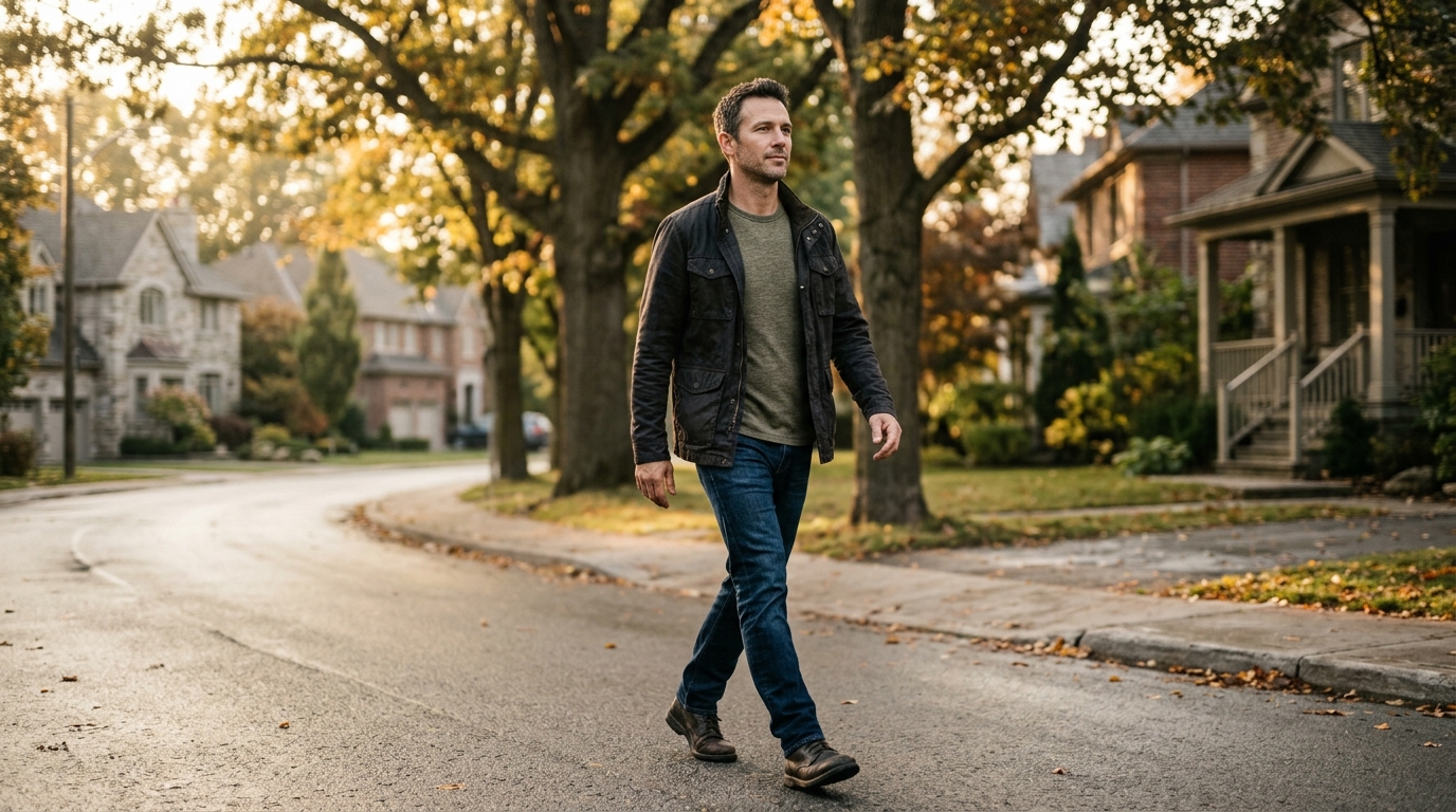 man walking quiet residential street in morning light