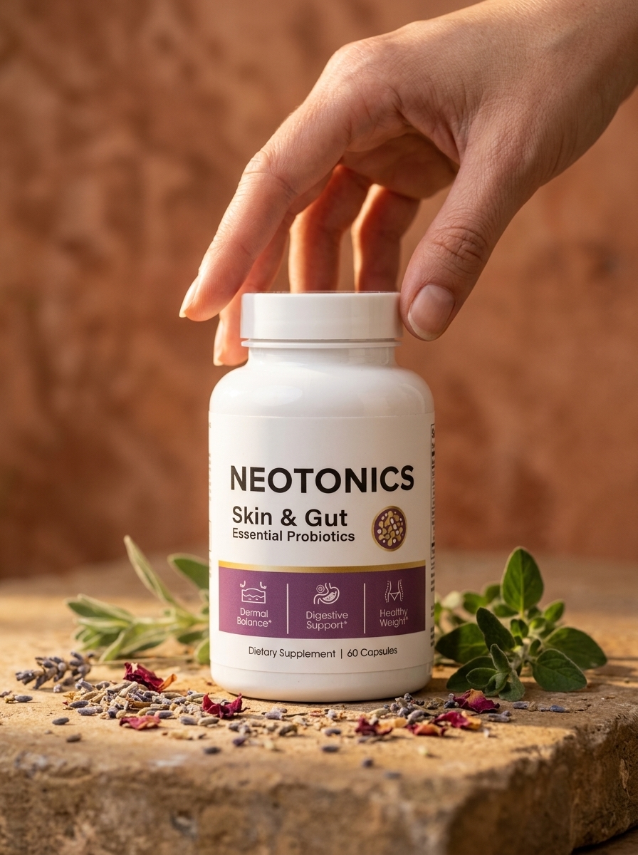Neotonics bottle on stone surface botanicals warm light
