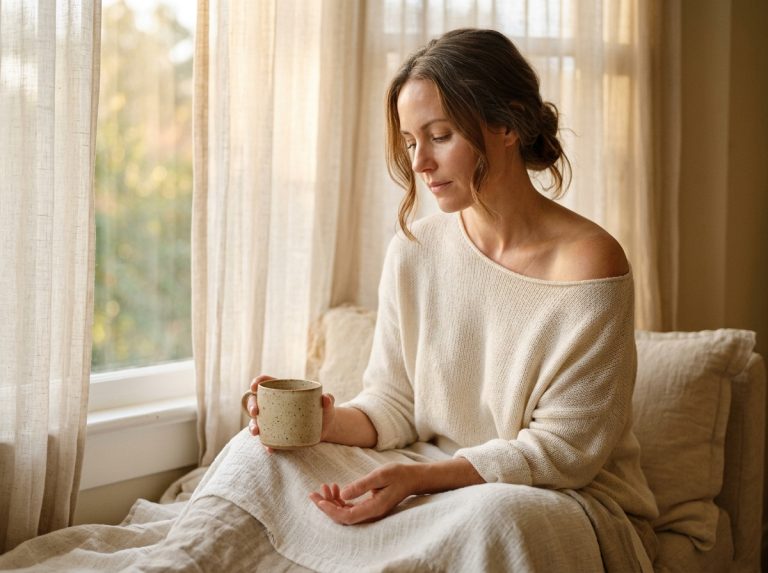 woman at morning window quiet inner glow skin