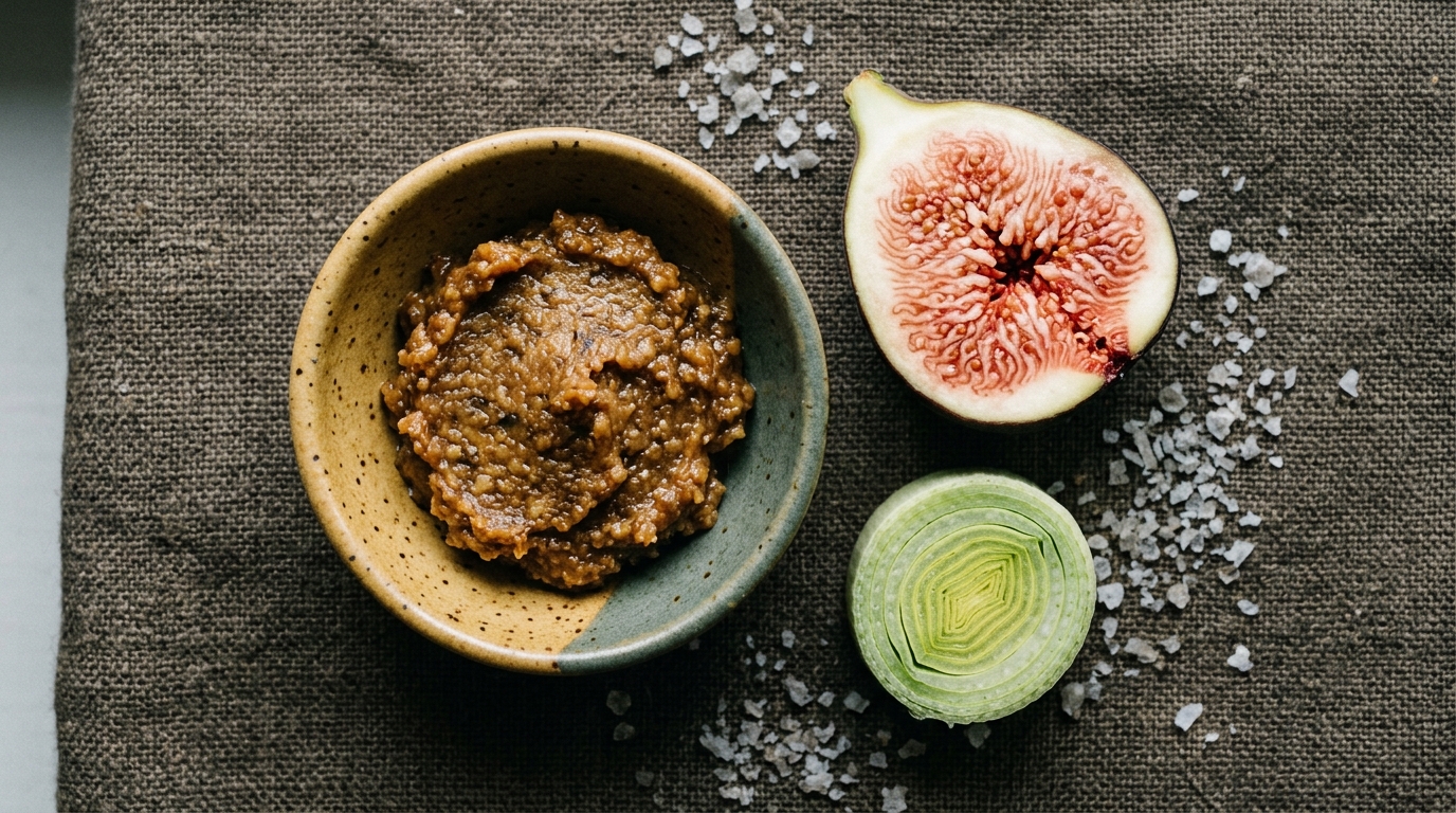 miso fig leek close up still life gut health foods