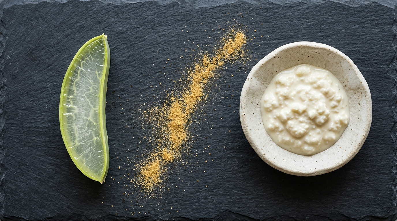 aloe cross section kefir ceramic dish gut skin axis still life