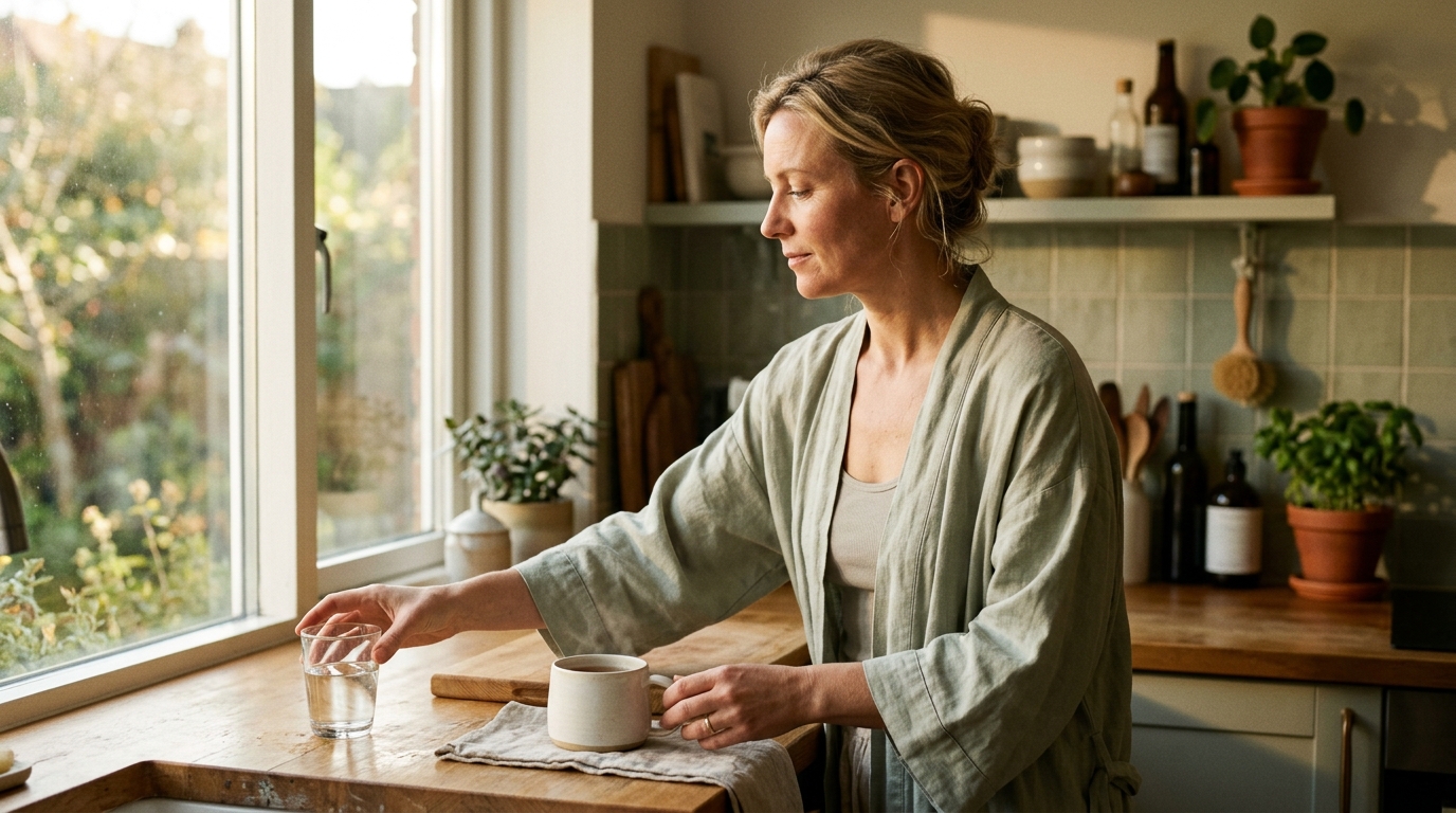 woman morning kitchen ritual glass of water linen robe